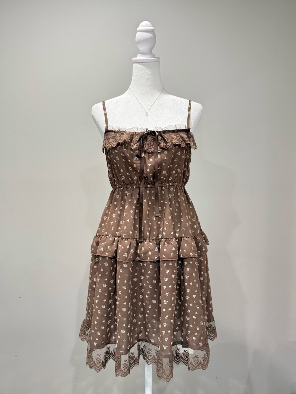 Brown Floral Lace Cottagecore Tiered Dress